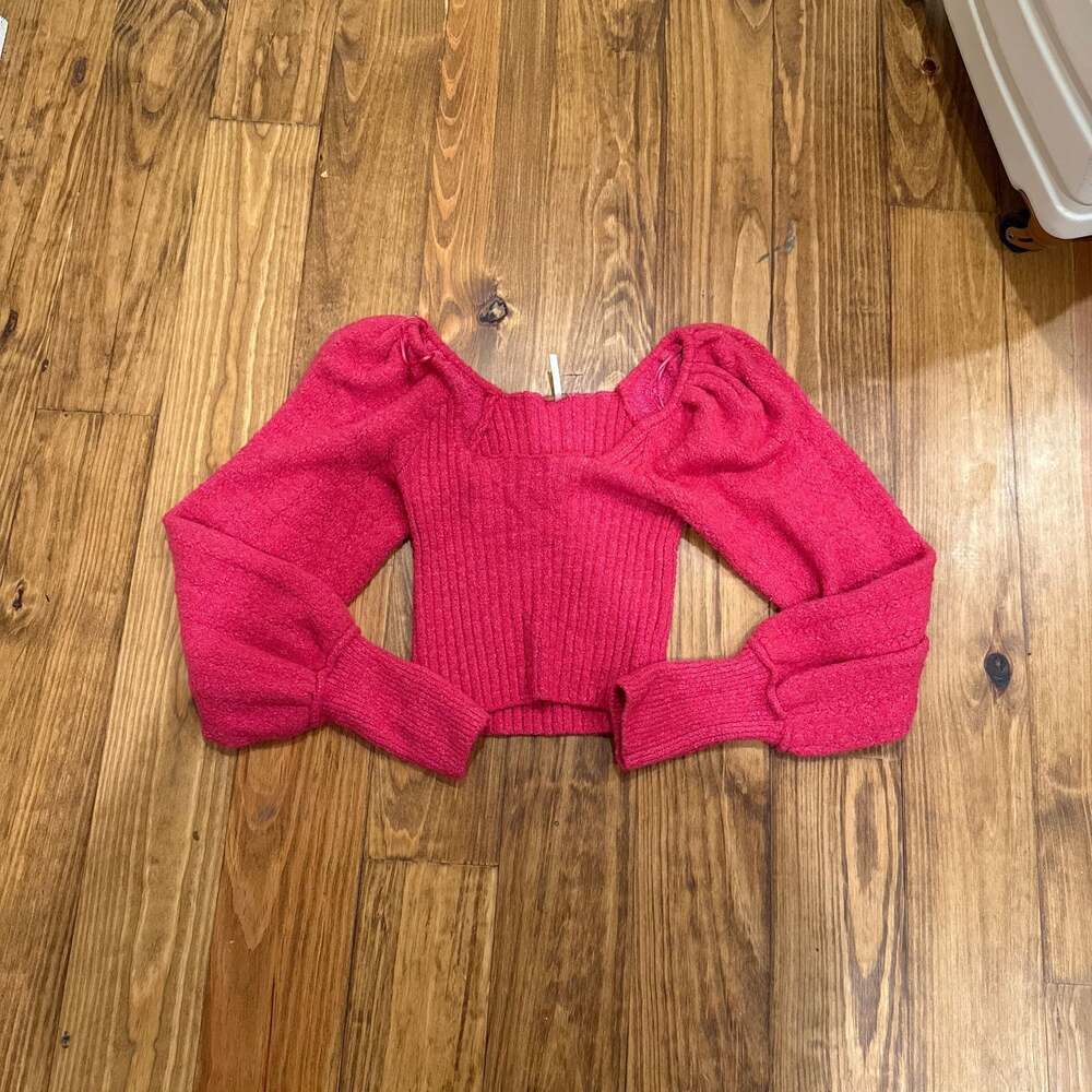 Free People Katie Hot Pink Ribbed Knit Balloon Sleeve Pullover Sweater